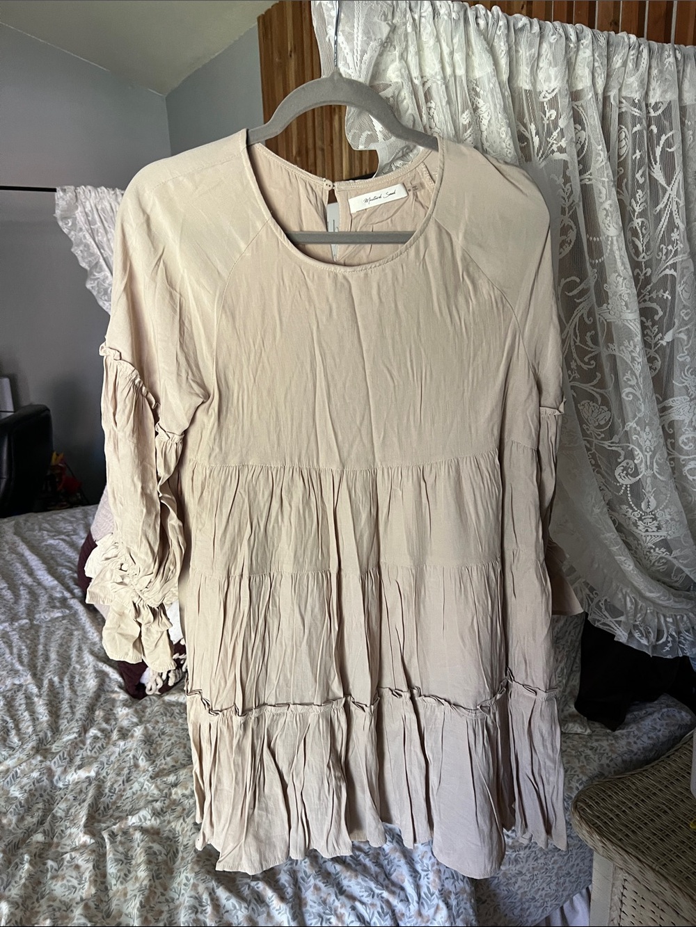 Neutral Tiered Babydoll Tunic with Ruffled Sleeves